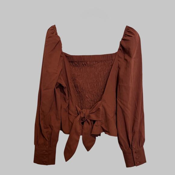 Smocked Back Tie Bohemian Rust Sweetheart Cropped Puffed Sleeves Autumn Blouse L - Picture 2 of 8